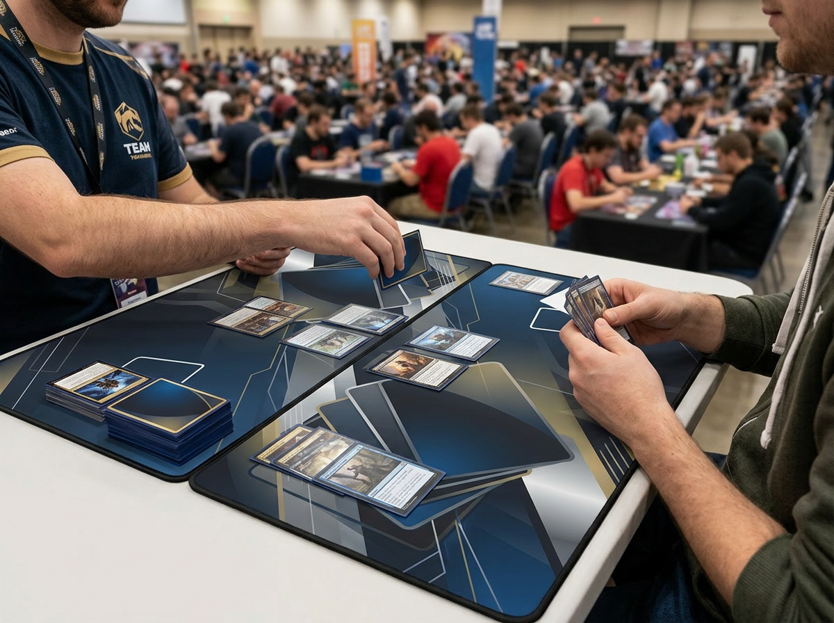Custom playmat on a tournament table